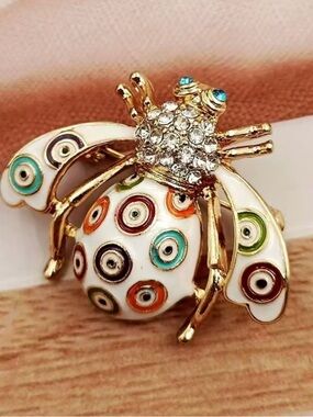 Gold-Tone Multicolor Enamel Bee Brooch with Crystal Accents